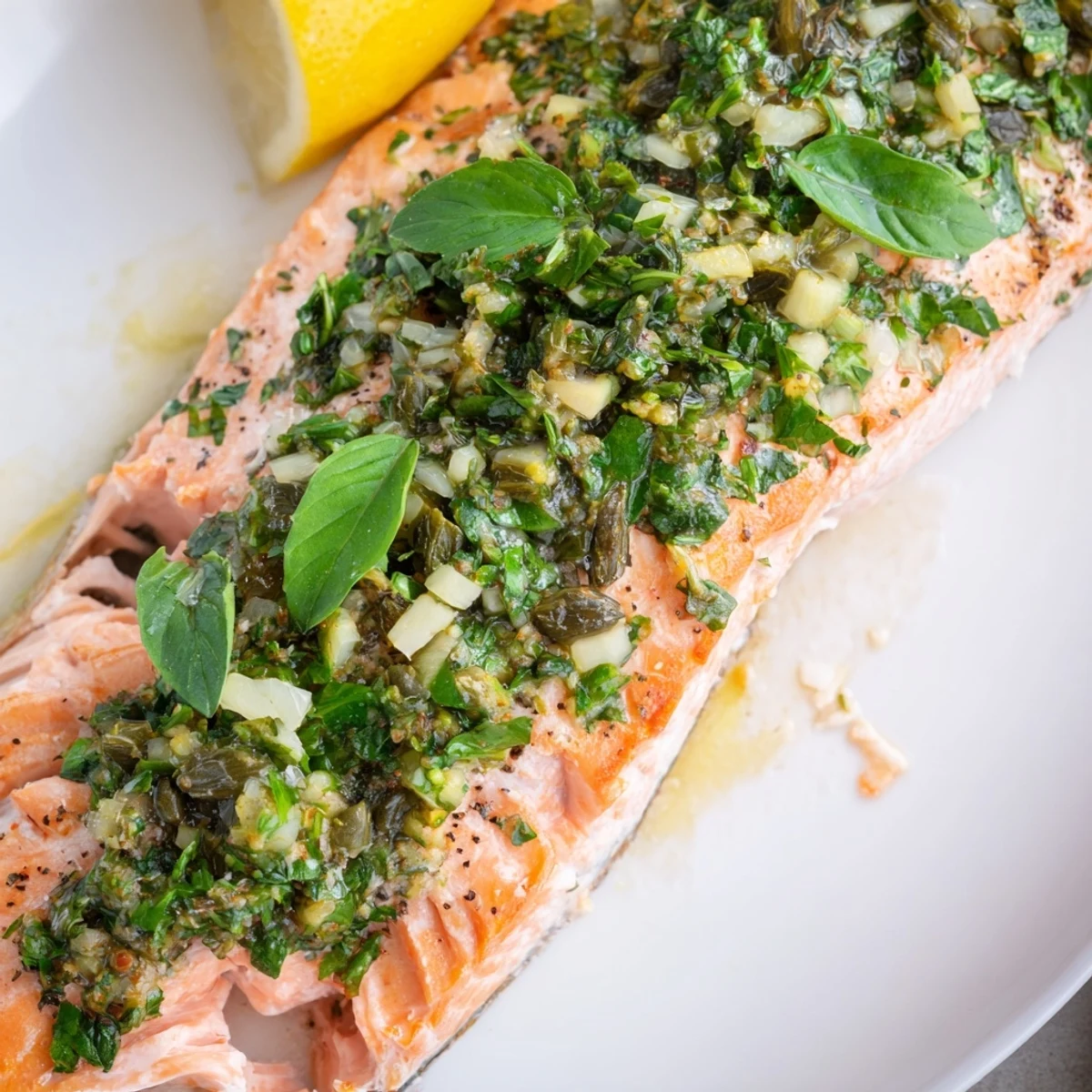 Golden-baked salmon fillets topped with a vibrant green salsa verde, served with lemon wedges.