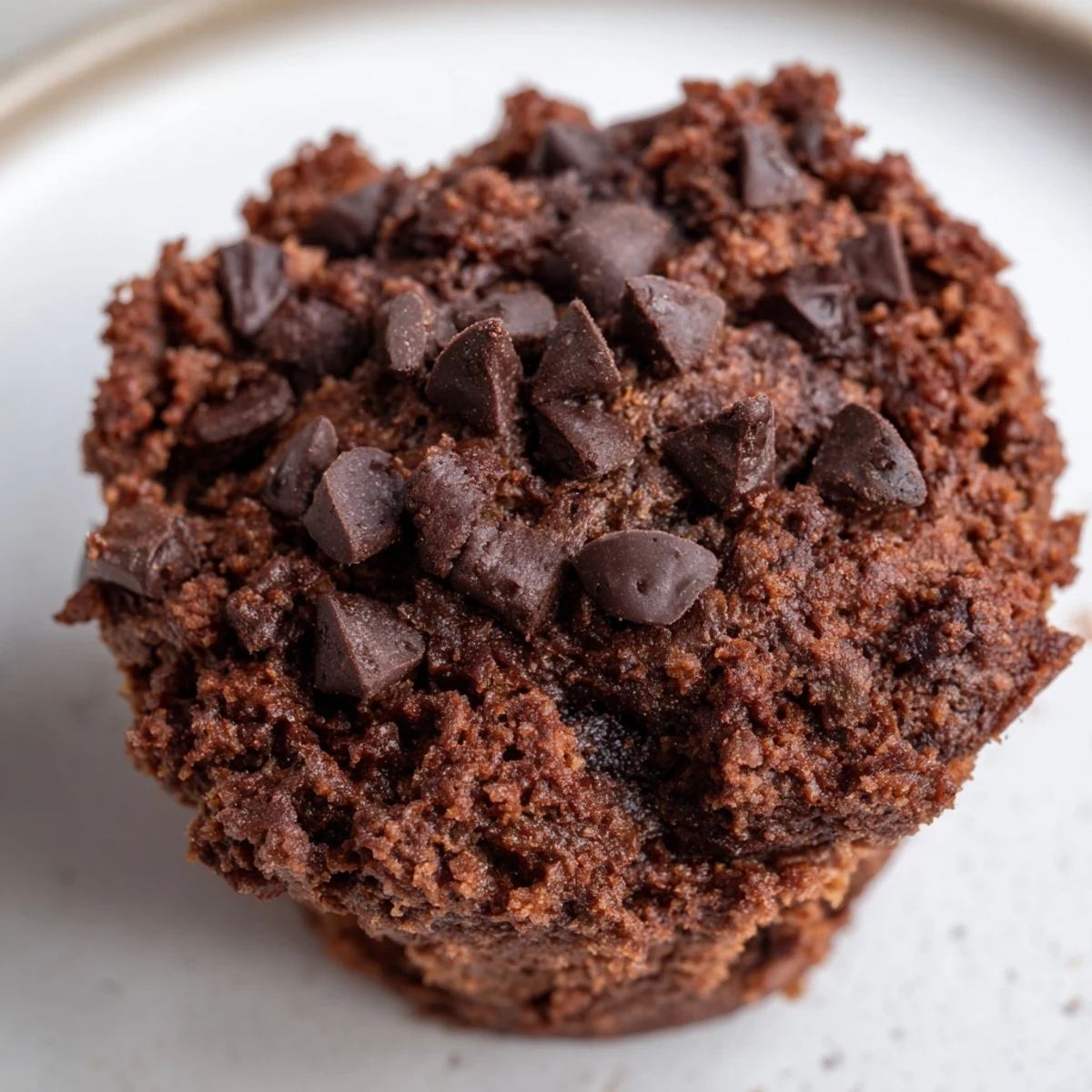 Stacked Chocolate Muffin Tops with moist centers and gooey chocolate pools are plated near a glass of cold milk.