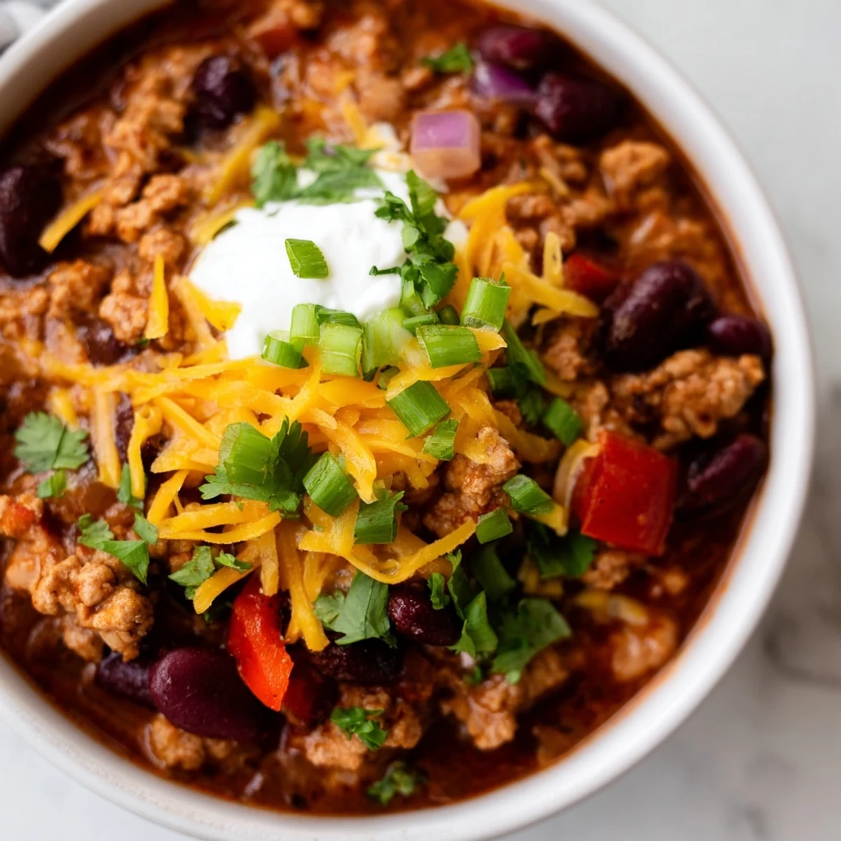 Hearty Turkey Chili Bowl simmered with beans and spices, served in a rustic stoneware bowl with a lime wedge.