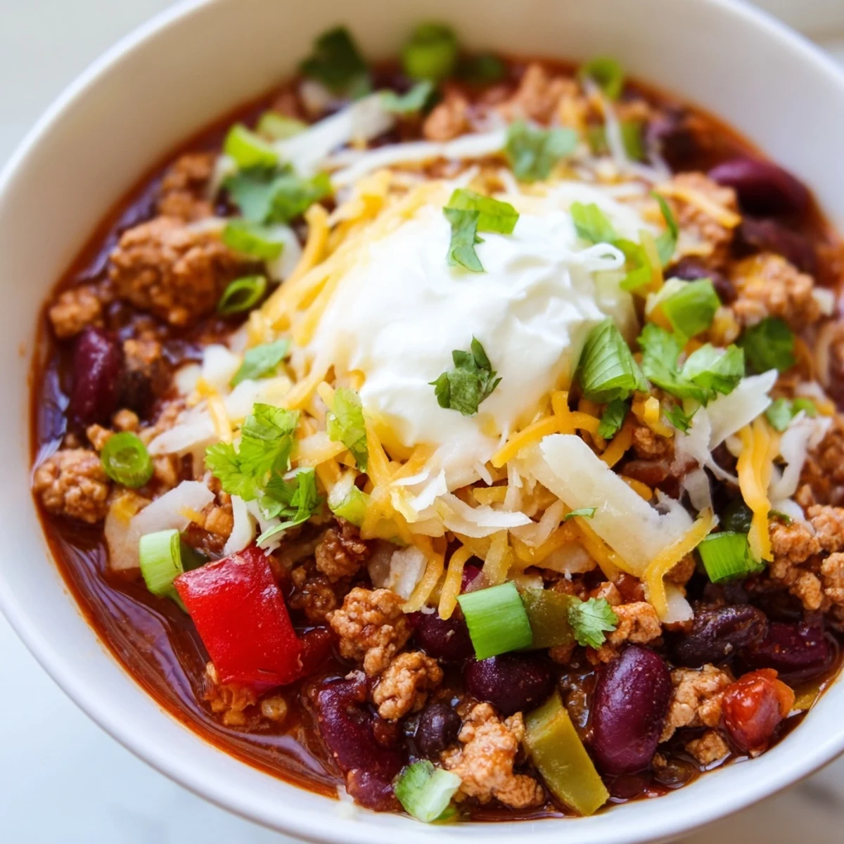 A warm bowl of Turkey Chili Bowl topped with cheddar cheese and cilantro, steaming beside crispy tortilla chips.