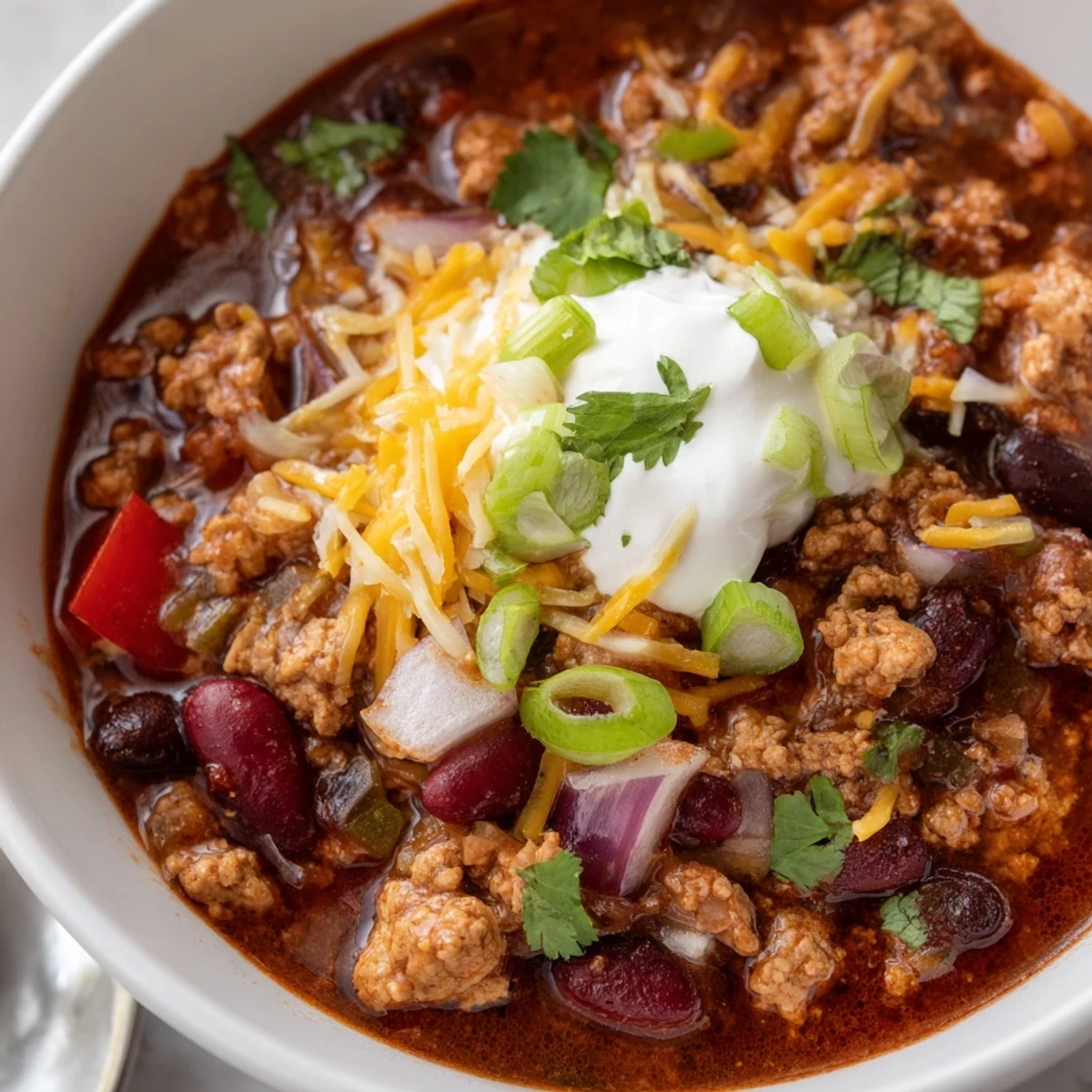 Ground turkey and bean chili in a deep dish, garnished with sour cream and green onions for a cozy meal.