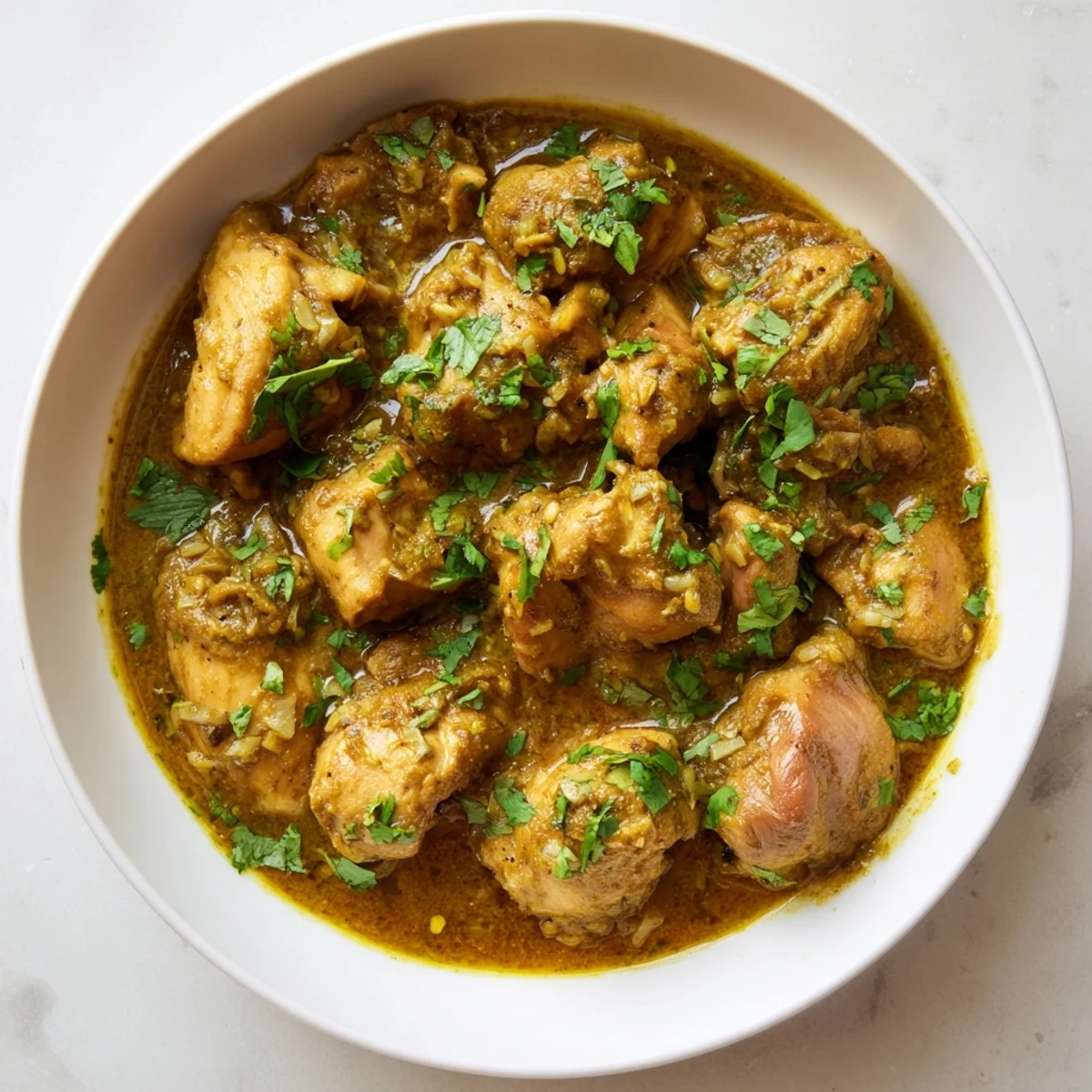 A bowl of aromatic Spicy Curry Chicken reveals tender meat swimming in creamy coconut milk, with vibrant spices swirling in the thick, chunky sauce.