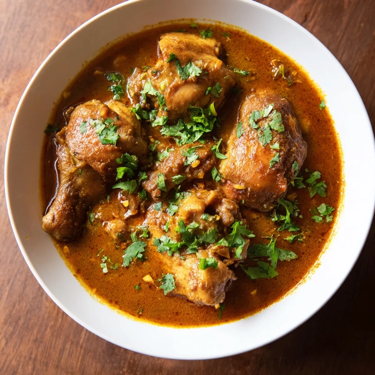 Golden-brown chicken pieces simmer in a rich, reddish-orange curry sauce, garnished with fresh cilantro and served alongside fluffy white basmati rice.