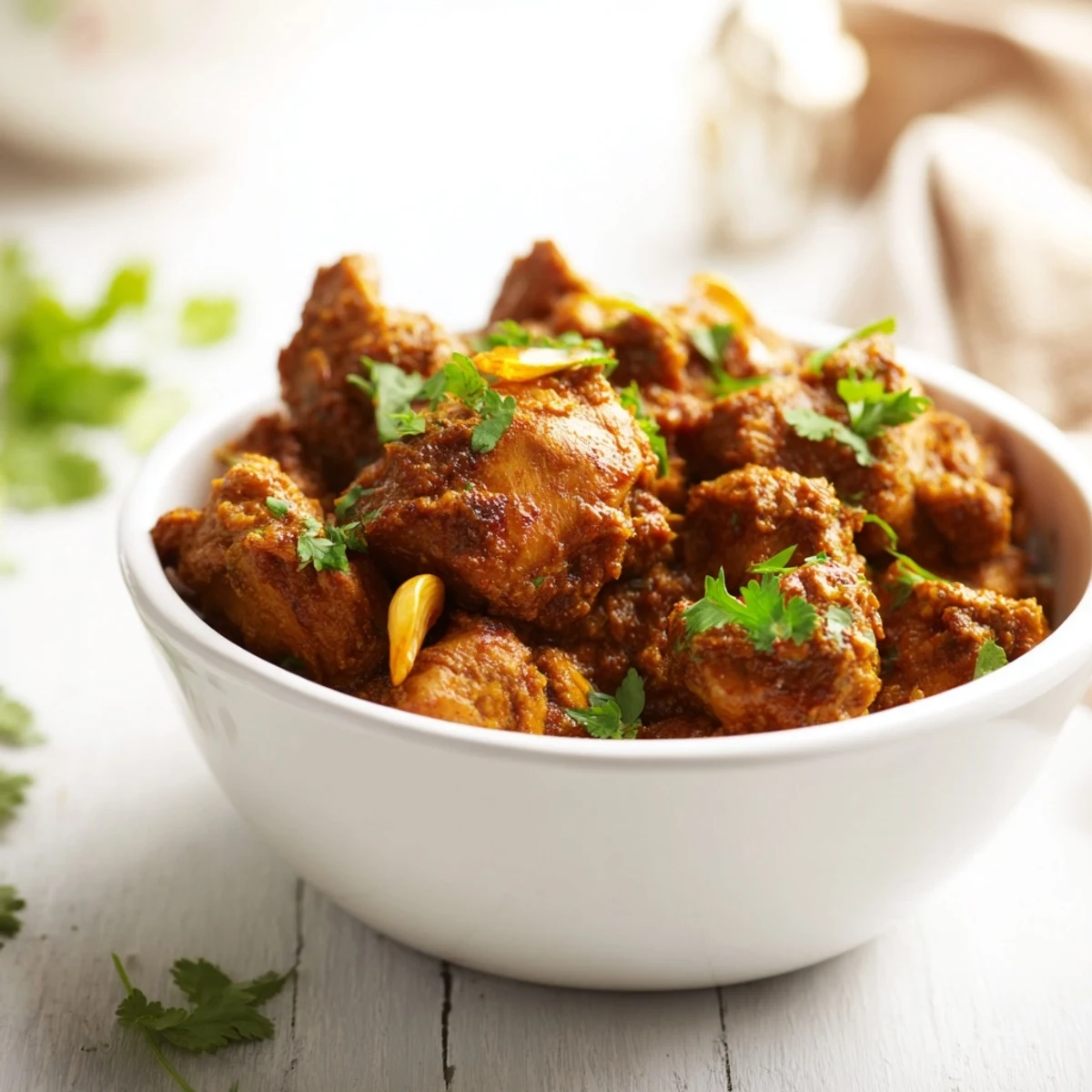 Close-up view of succulent chicken thighs coated in garam masala and chili powder, resting in a steaming bowl next to warm, soft naan bread.