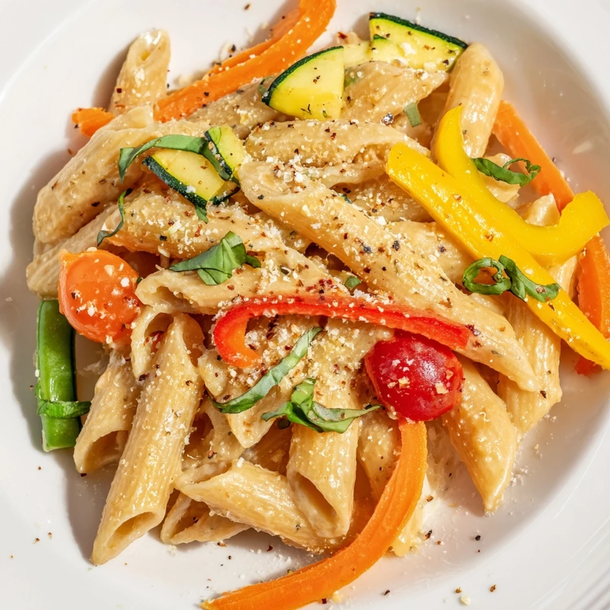 Vibrant fresh vegetables like zucchini and cherry tomatoes are tossed with penne in a luscious, creamy white sauce, garnished with fresh basil.