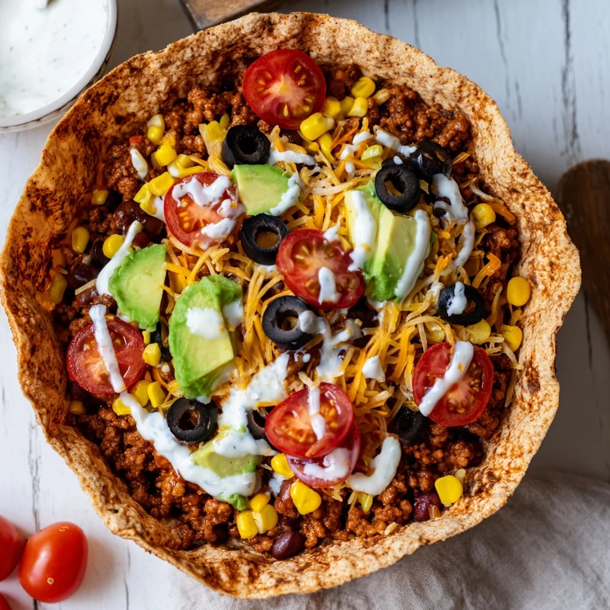 Crisp, golden tortilla bowl filled with seasoned ground beef, fresh lettuce, and avocado slices.