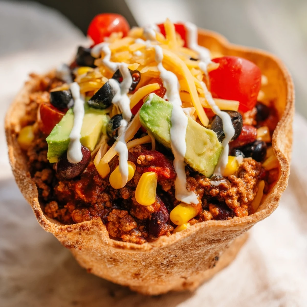 Beef Taco Salad with Homemade Tortilla Bowl topped with cheddar, black beans, and corn.