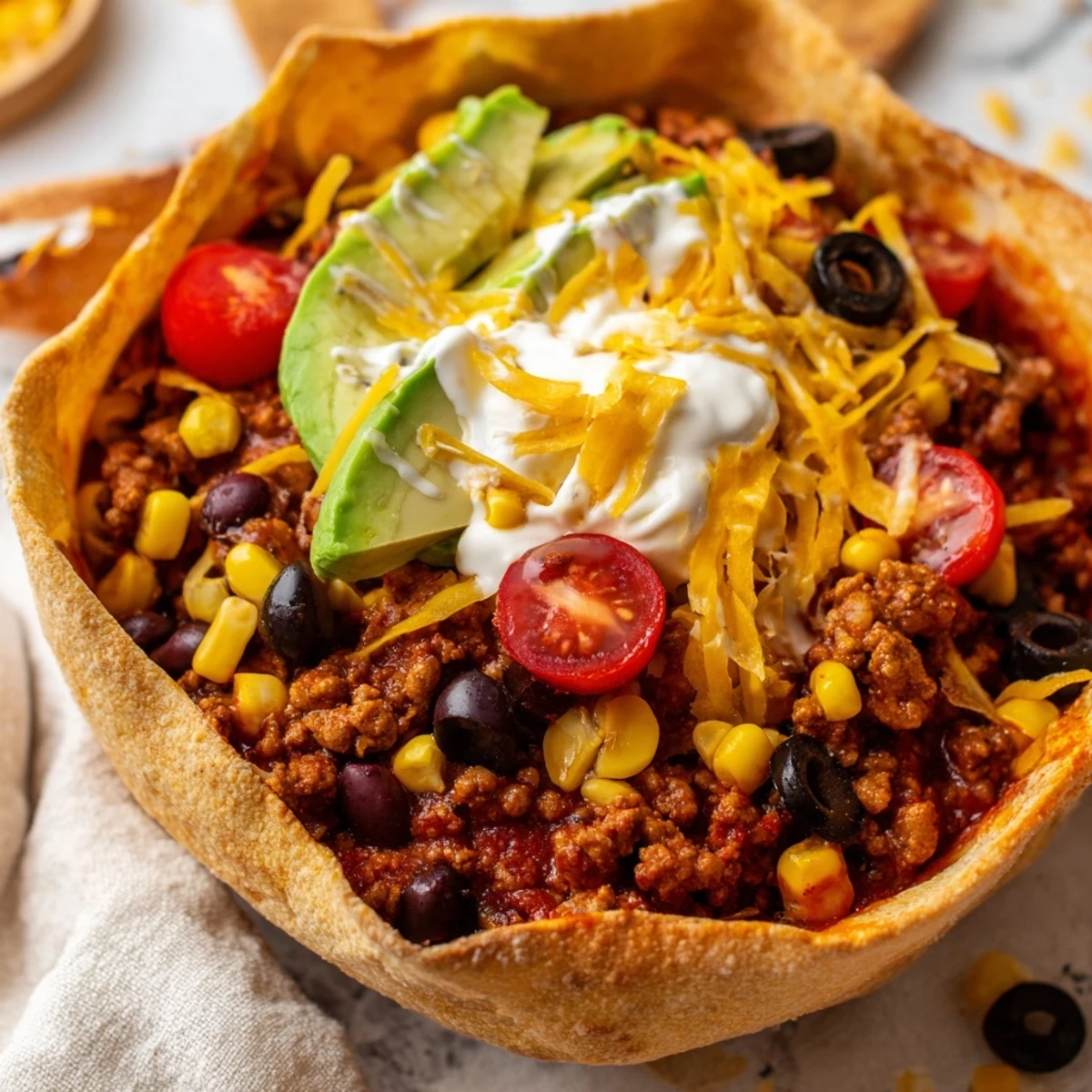 Hearty Beef Taco Salad with Homemade Tortilla Bowl drizzled with creamy cilantro-lime dressing.