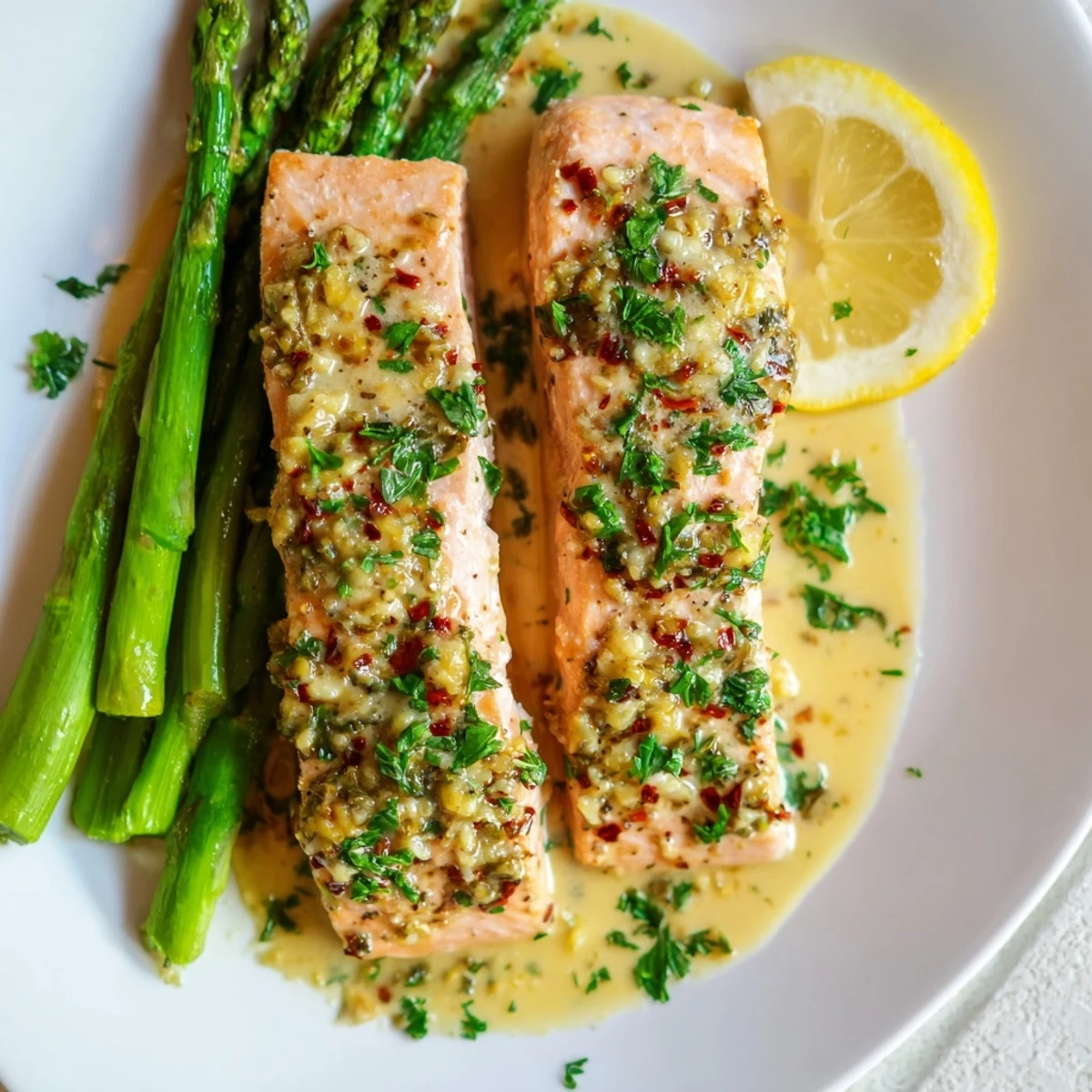 Fork-tender Lemon Garlic Butter Salmon with Asparagus Spears, glazed in bright lemony butter and baked to flaky perfection.