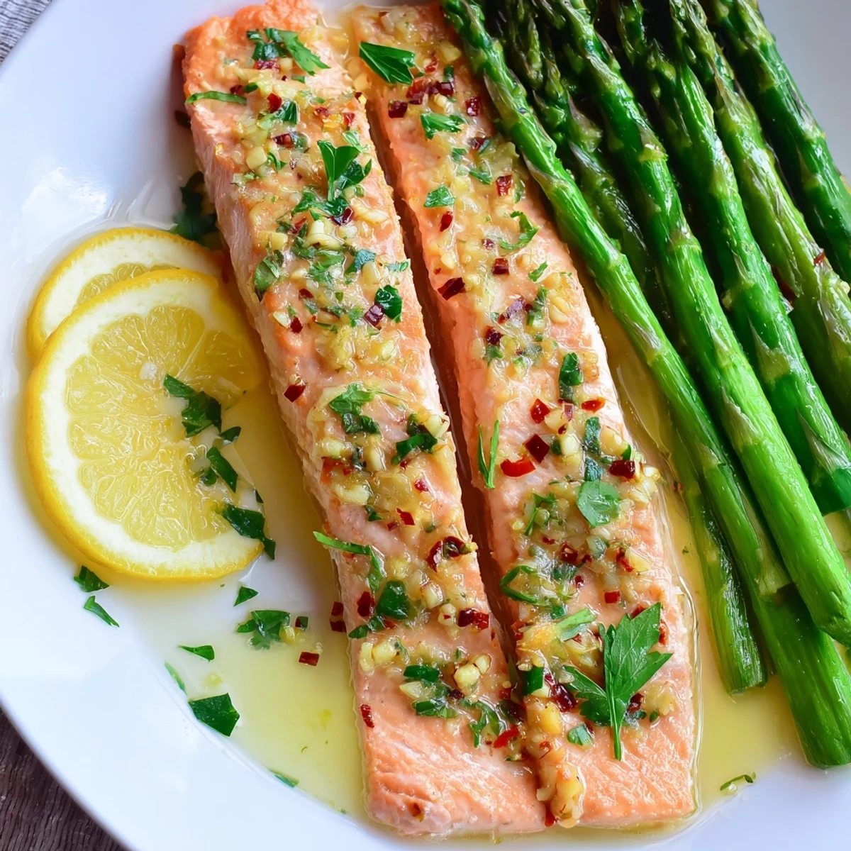 Succulent Lemon Garlic Butter Salmon with Asparagus Spears plated beside fluffy rice, drizzled with garlic butter and lemon zest.