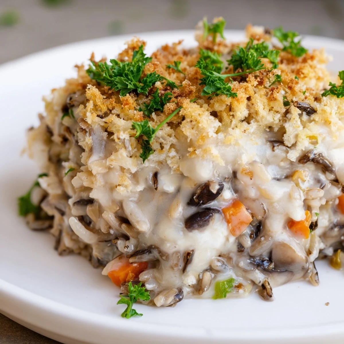 Steam rises from a serving spoon of Creamy Mushroom and Wild Rice Casserole revealing creamy sauce and herbs.