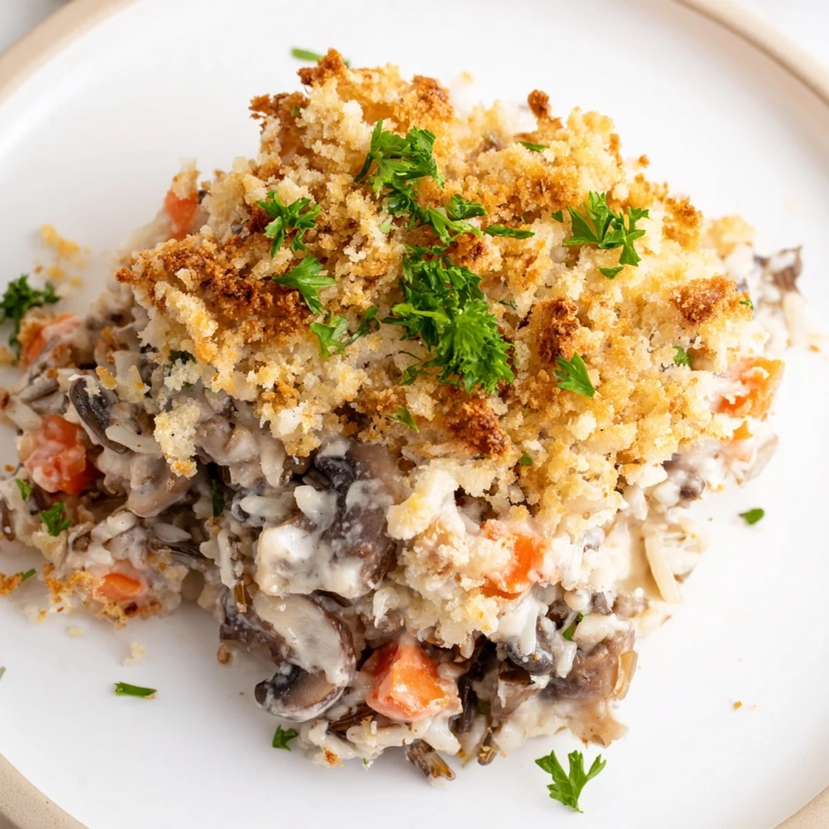 Golden-brown Creamy Mushroom and Wild Rice Casserole bubbling in a ceramic dish topped with toasted panko.