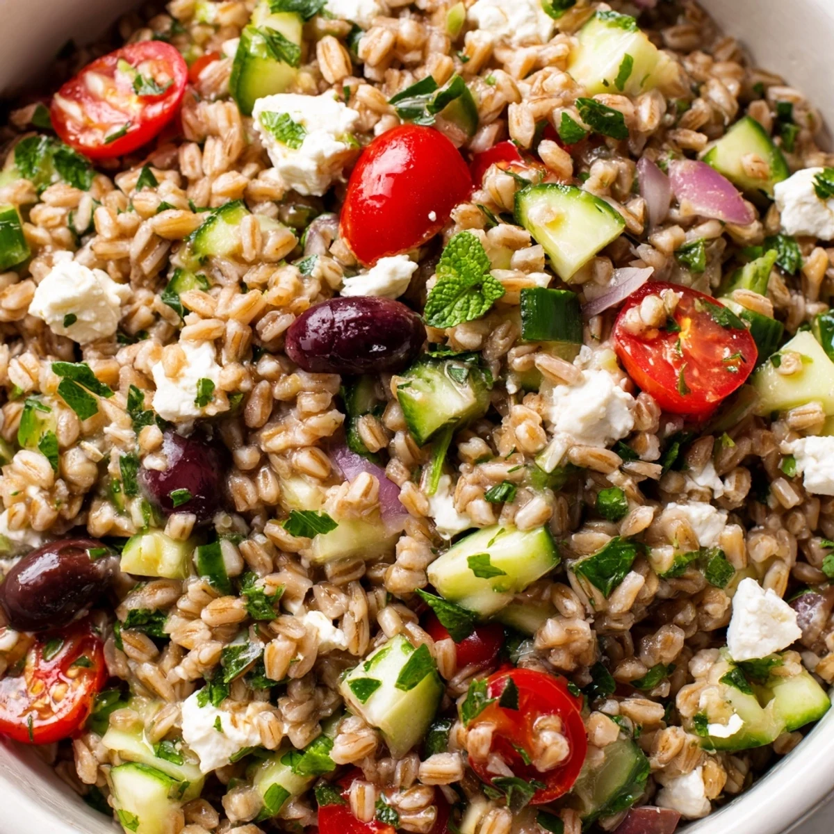 A vibrant bowl of Mediterranean Farro Salad with cherry tomatoes, cucumber, and crumbled feta tossed in a lemony dressing.