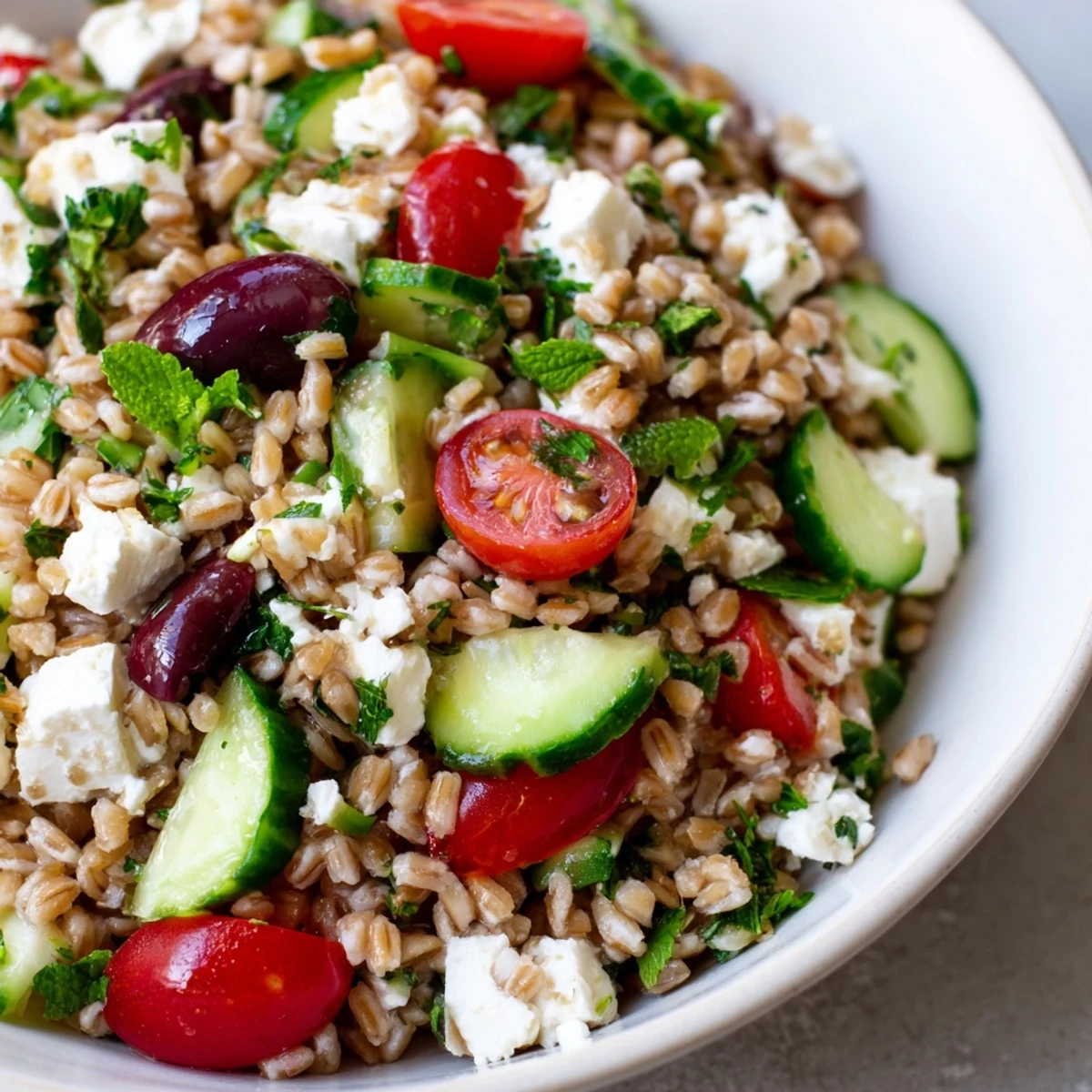 A freshly prepared Mediterranean Farro Salad served as a light lunch, featuring diced cucumber and tangy feta cheese.