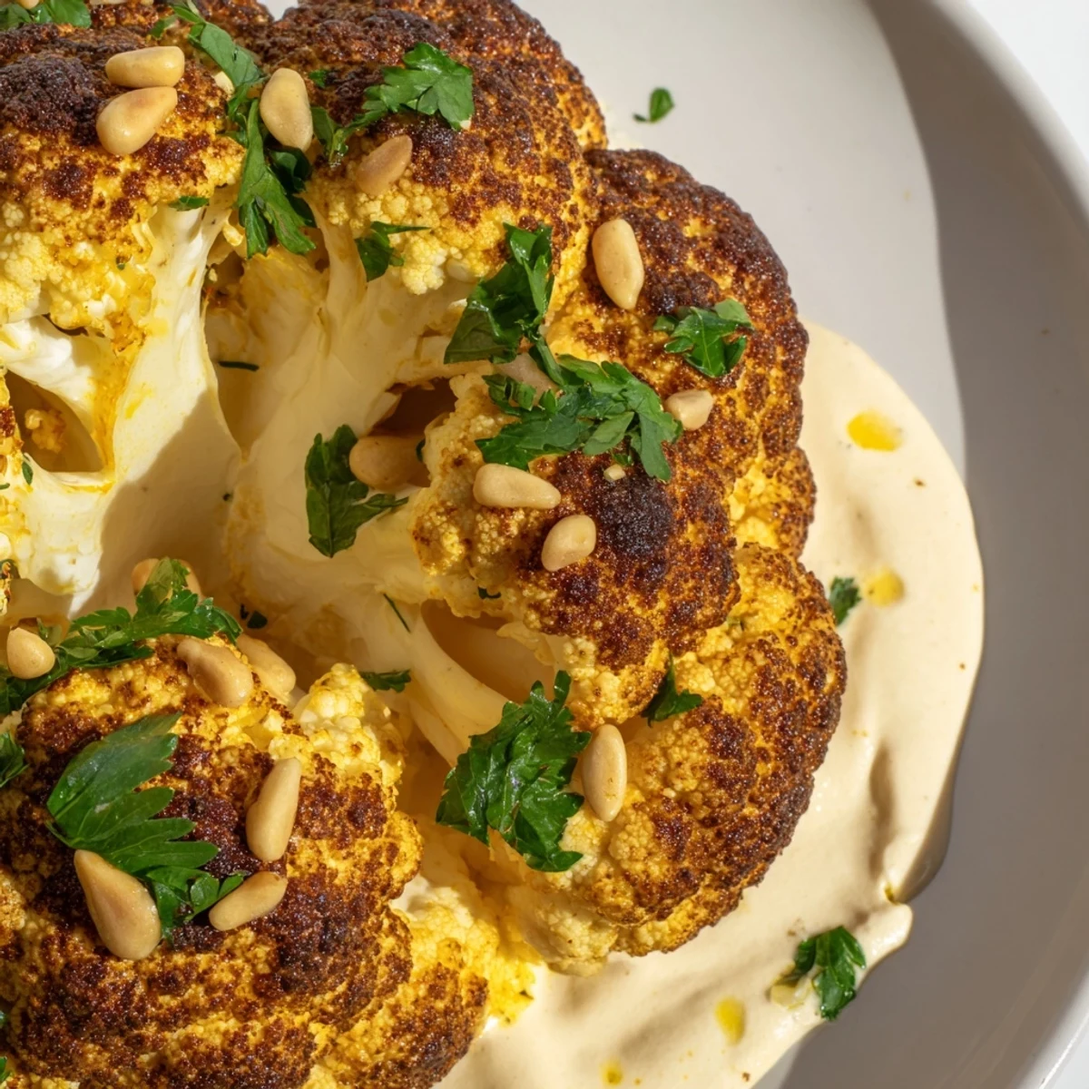 Whole Roasted Cauliflower with Tahini Drizzle garnished with parsley and lemon wedges on a rustic plate.