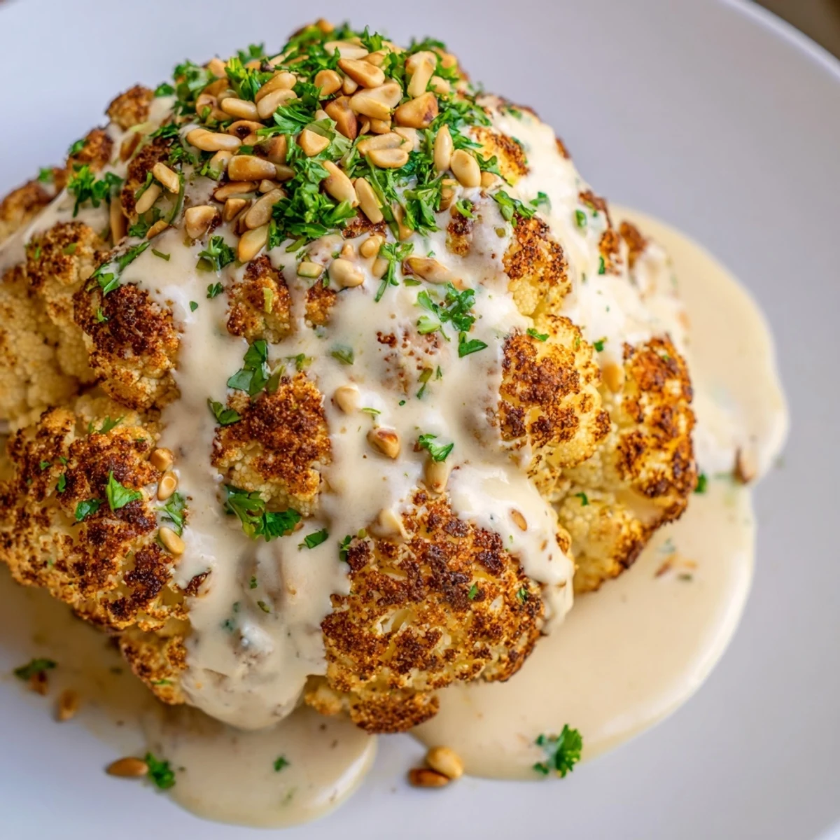 Golden-brown Whole Roasted Cauliflower with Tahini Drizzle being sliced, revealing a tender interior.
