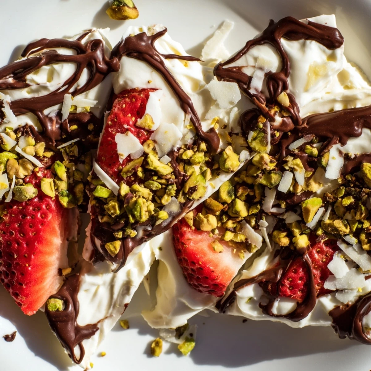 A close-up of Chocolate Covered Strawberry Yogurt Bark shows drizzled chocolate, chopped pistachios, and desiccated coconut on a chilled, crackly surface.