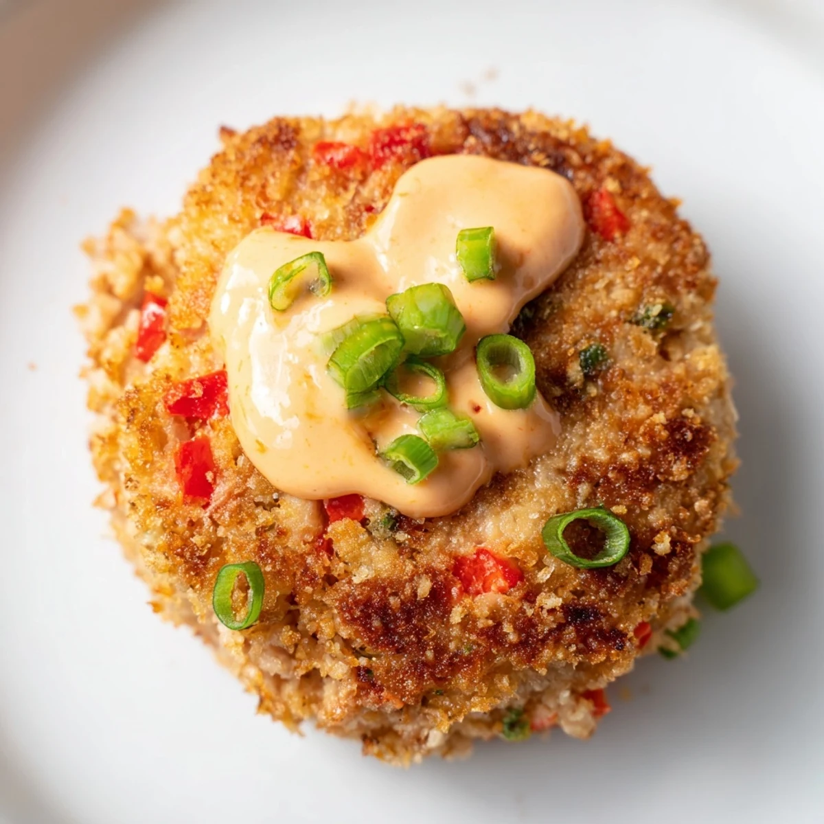 Golden-brown Spicy Tuna Cakes with Sriracha Mayo resting on a napkin, showcasing a crispy exterior and flaky interior.
