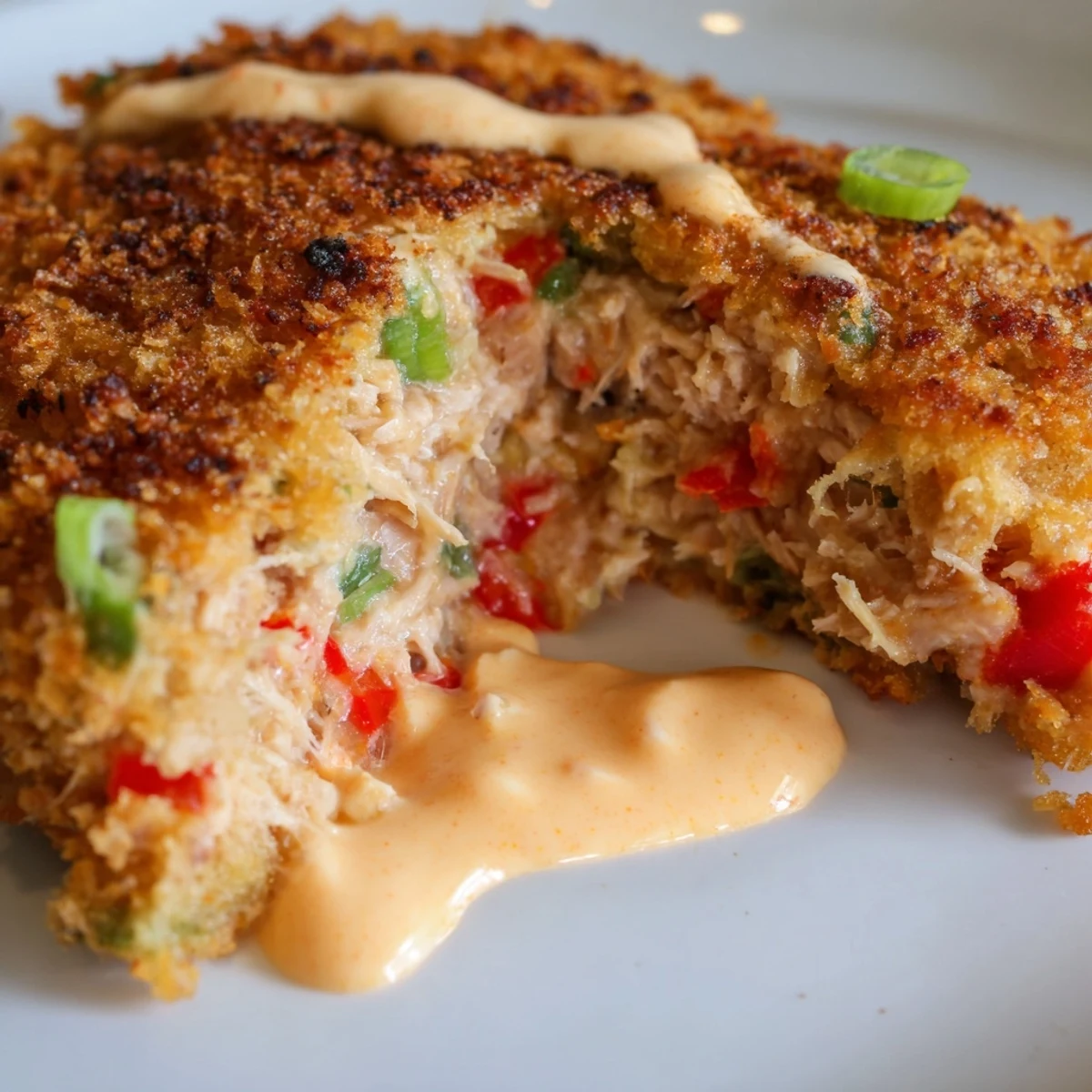 A close-up of Spicy Tuna Cakes with Sriracha Mayo highlighting the golden crust and creamy, spicy dipping sauce.