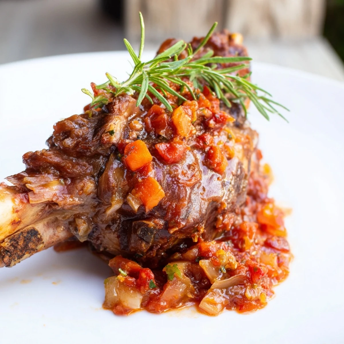 Tender Slow Cooked Lamb Shanks in Tomato Herb Sauce served over creamy polenta, ready for a hearty dinner.