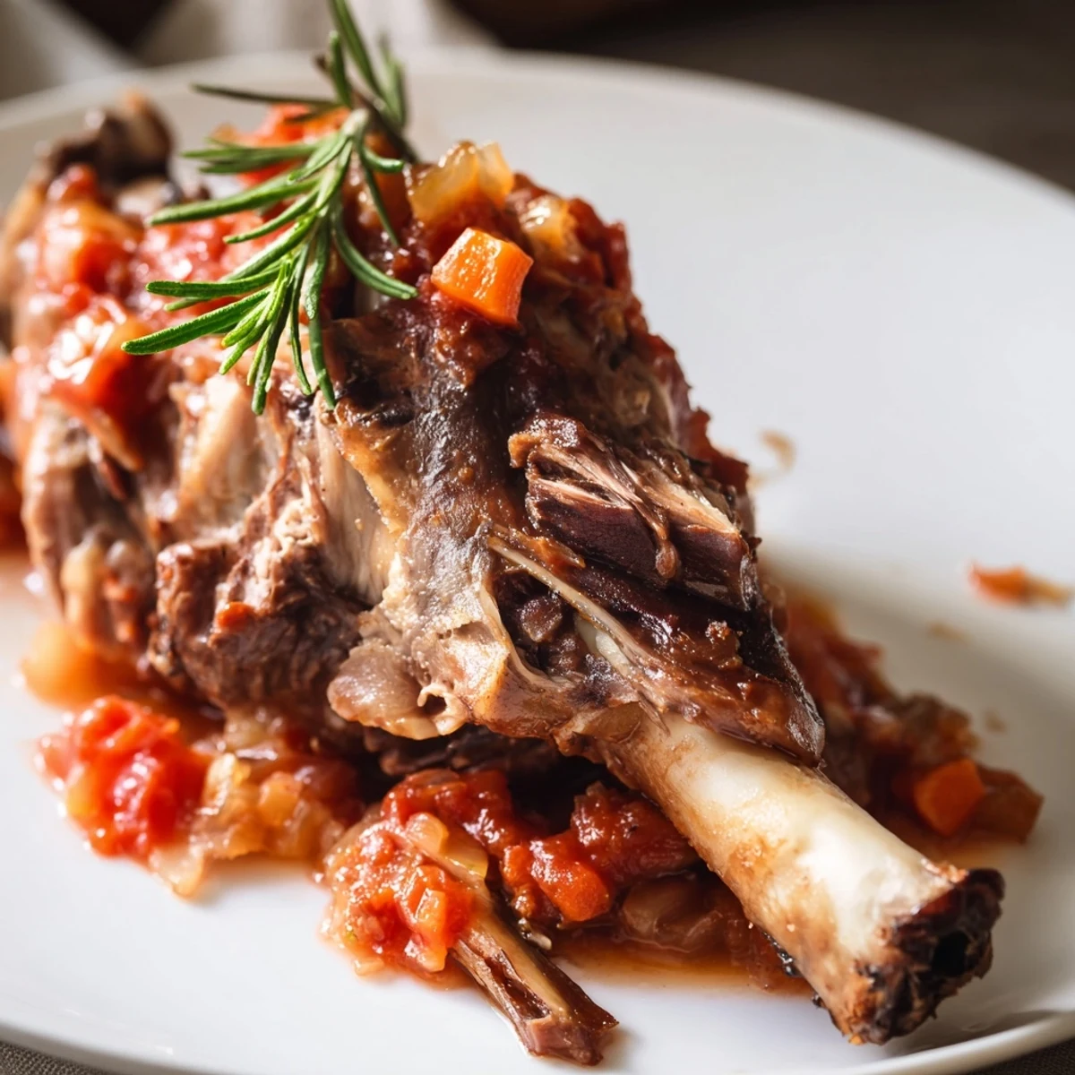 Slow Cooked Lamb Shanks in Tomato Herb Sauce resting in a rustic Dutch oven, garnished with fresh rosemary.