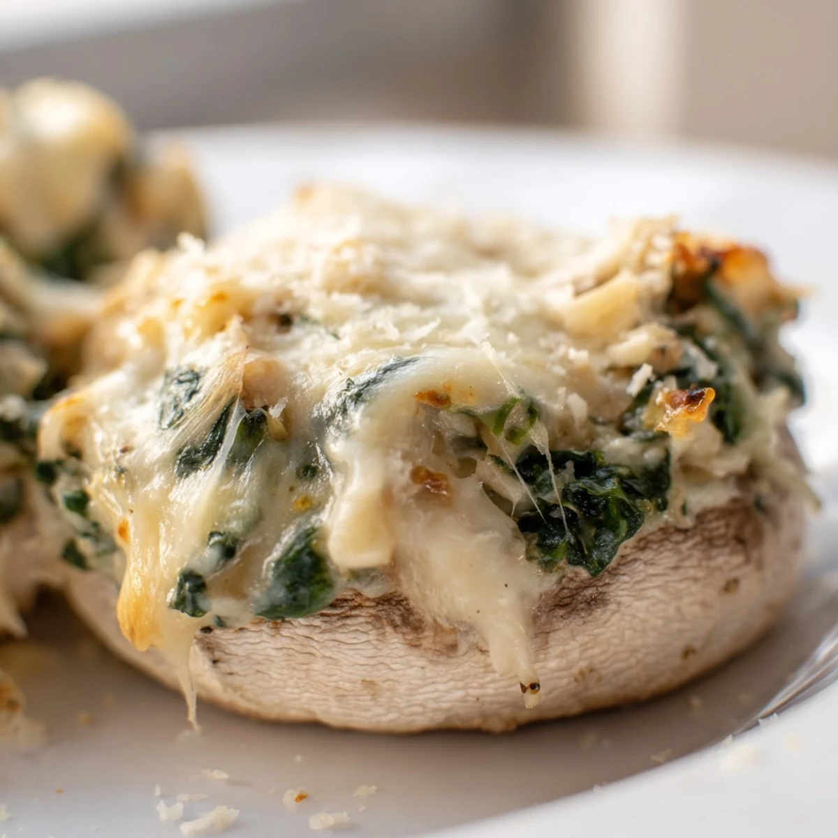 Appetizer platter of Cheesy Spinach and Artichoke Stuffed Mushrooms served on a white ceramic dish for parties.