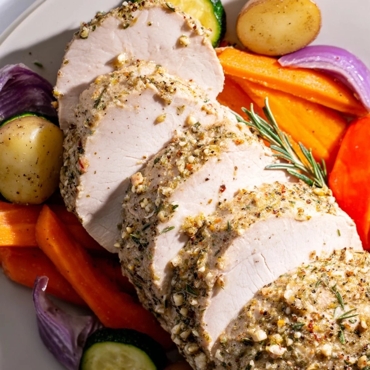 Sliced roasted turkey breast and colorful vegetables from the Sheet Pan Lemon Herb Turkey Breast recipe, plated for a delicious gluten-free dinner.