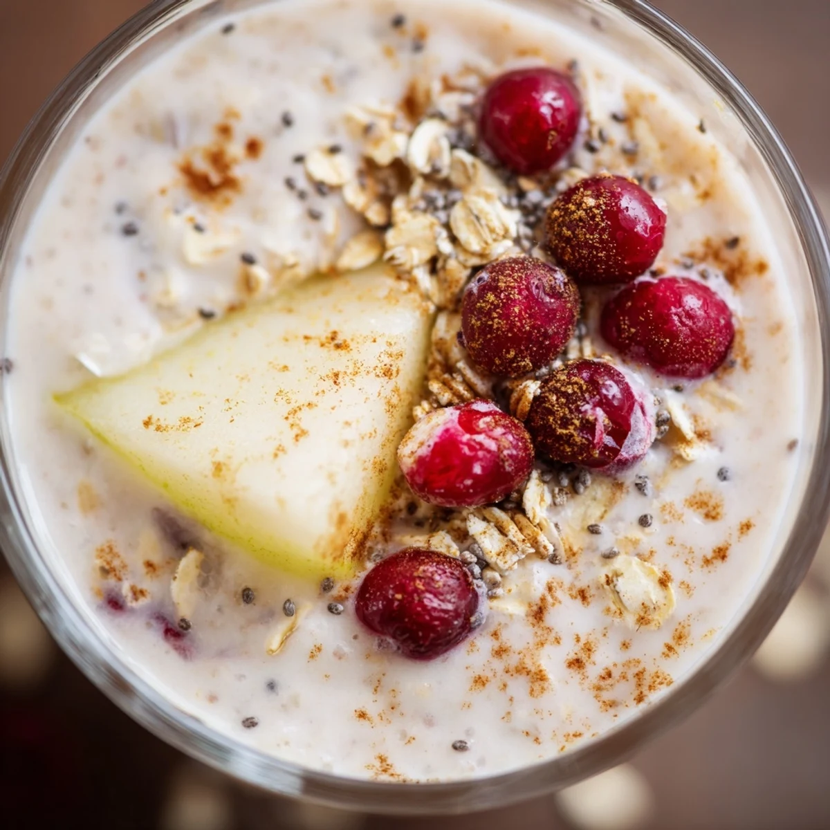 A glass of Winter Smoothie Blend garnished with cinnamon and pear slices, creamy and vibrant red.