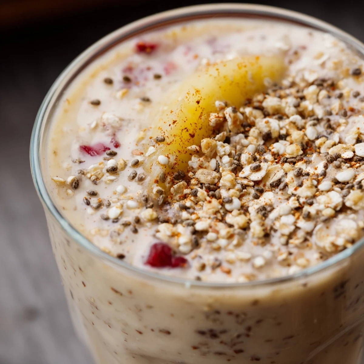 Two glasses of Winter Smoothie Blend on a rustic table, topped with oats and a cinnamon stick.