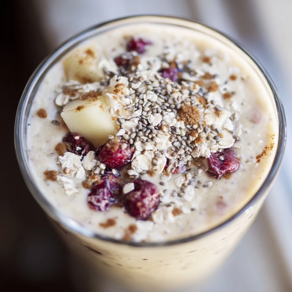 Winter Smoothie Blend poured into a mason jar with a sprinkle of spices and fresh pear.