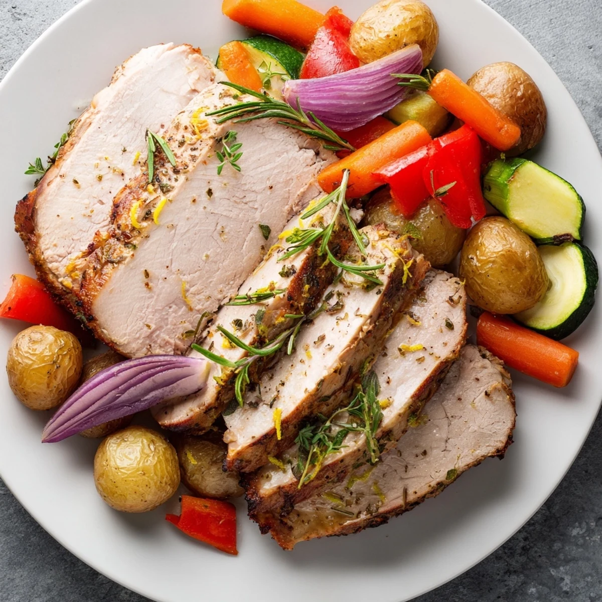 Golden-brown Sheet Pan Lemon Herb Turkey Breast roasted with vibrant red bell peppers, zucchini, and baby potatoes on a baking sheet.