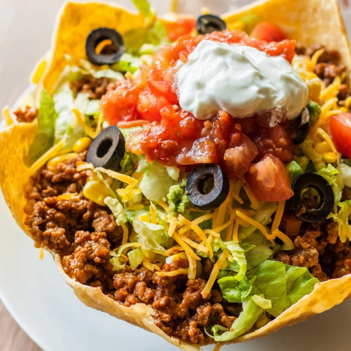Crispy homemade tortilla bowl filled with seasoned ground beef, black beans, and fresh salsa.