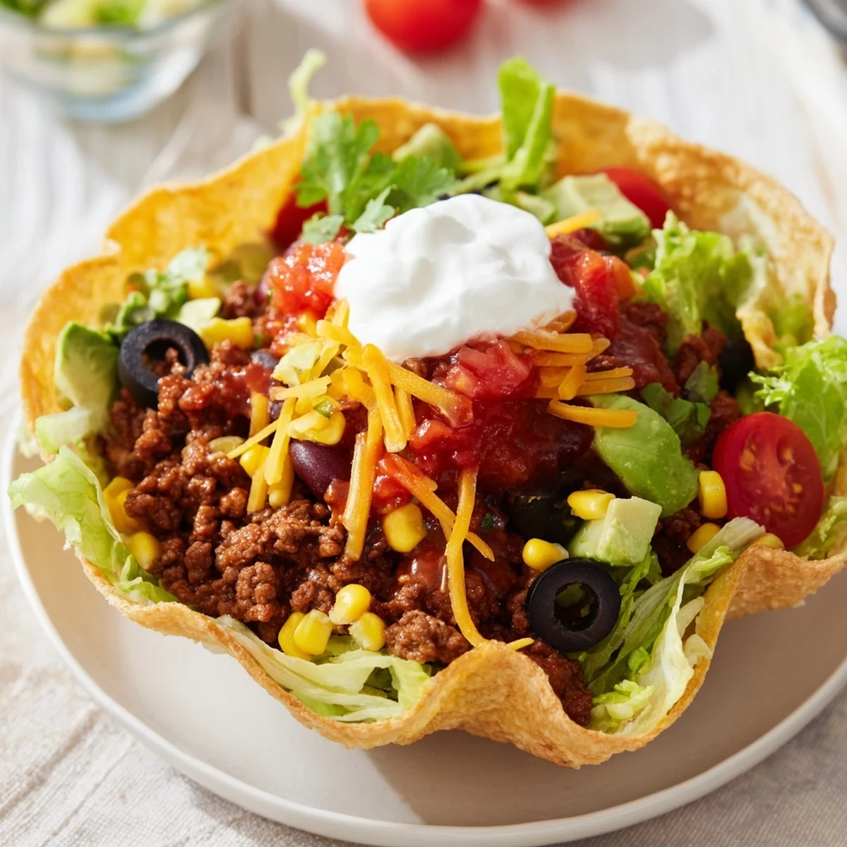 Golden baked tortilla bowl stuffed with seasoned beef, corn, black beans, and creamy toppings.