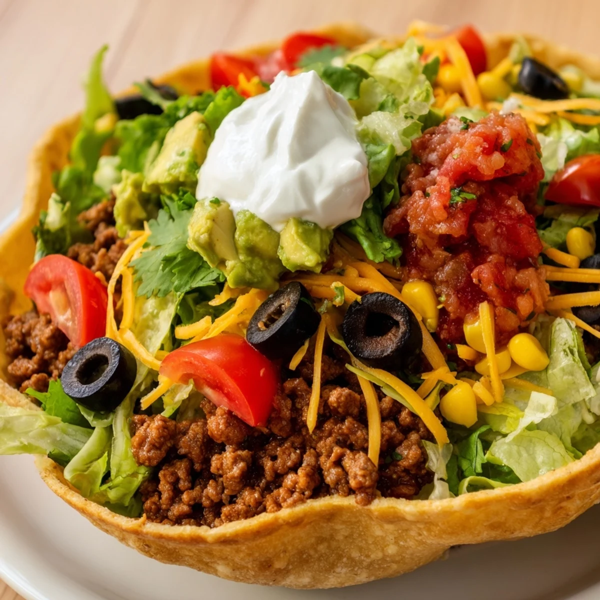 Freshly assembled Beef Taco Salad with diced avocado, cheddar, and homemade salsa.