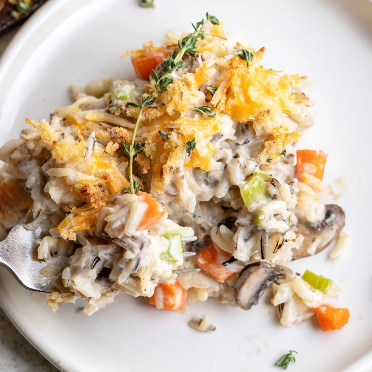 Golden bubbling Creamy Mushroom and Wild Rice Casserole with Thyme fresh from a rustic oven, steaming on a cozy table.
