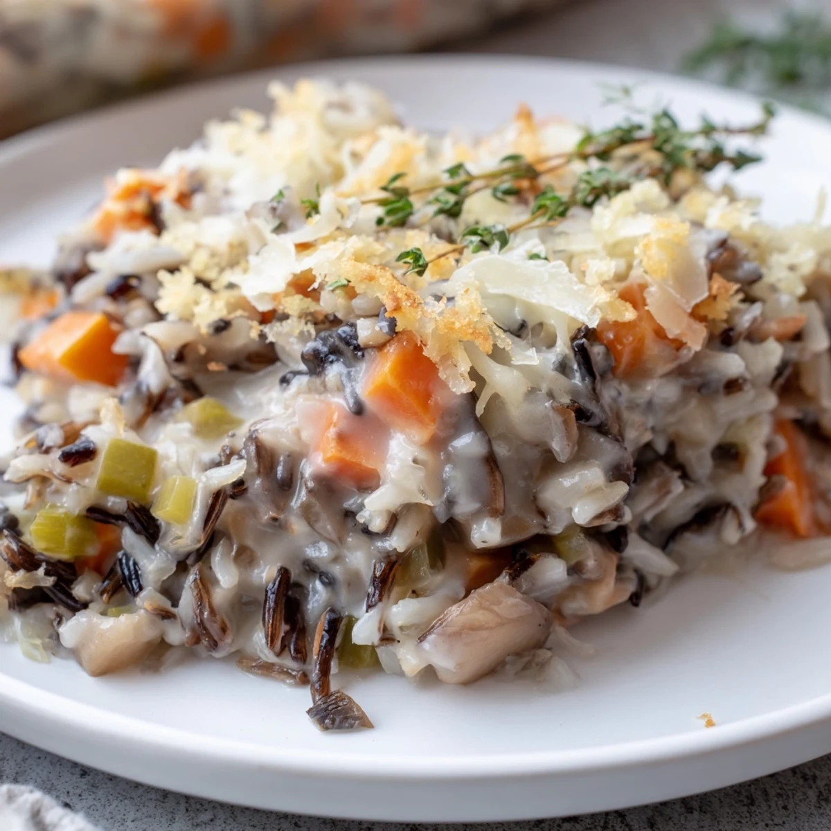 Hearty Creamy Mushroom and Wild Rice Casserole with Thyme served in a white dish, garnished with fresh thyme and golden crumbs.