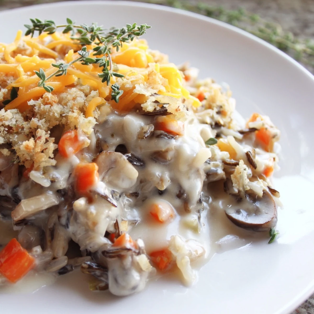 Spoon scooping Creamy Mushroom and Wild Rice Casserole with Thyme, revealing creamy sauce, wild rice, and sautéed mushrooms inside.