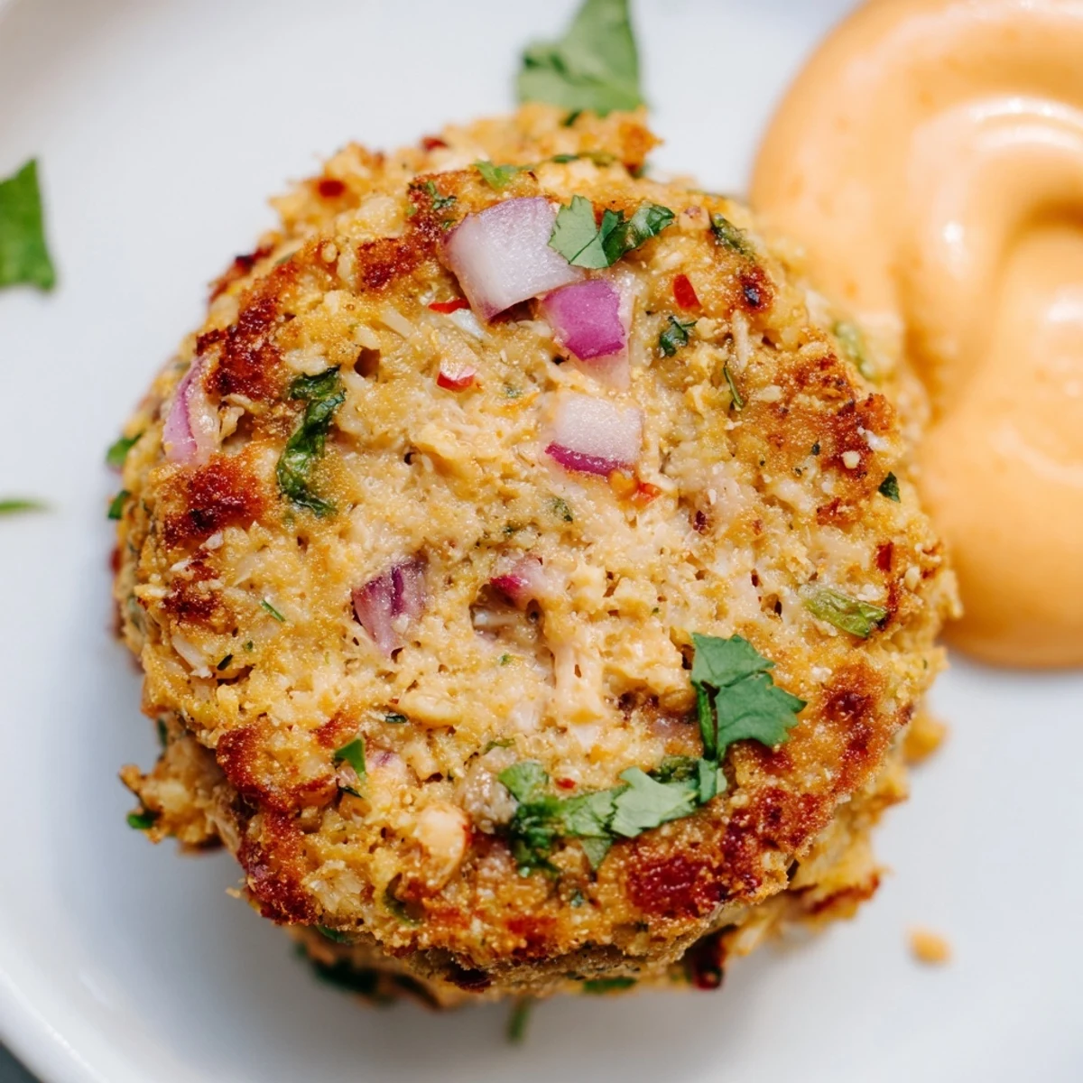 Golden-brown Spicy Tuna Cakes sit on a plate next to a creamy Sriracha mayo dipping sauce, garnished with fresh cilantro. 
