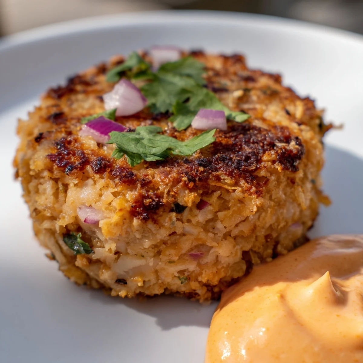 A hand dipping a golden Spicy Tuna Cake into a spicy orange Sriracha mayo sauce, capturing the appetizer texture.