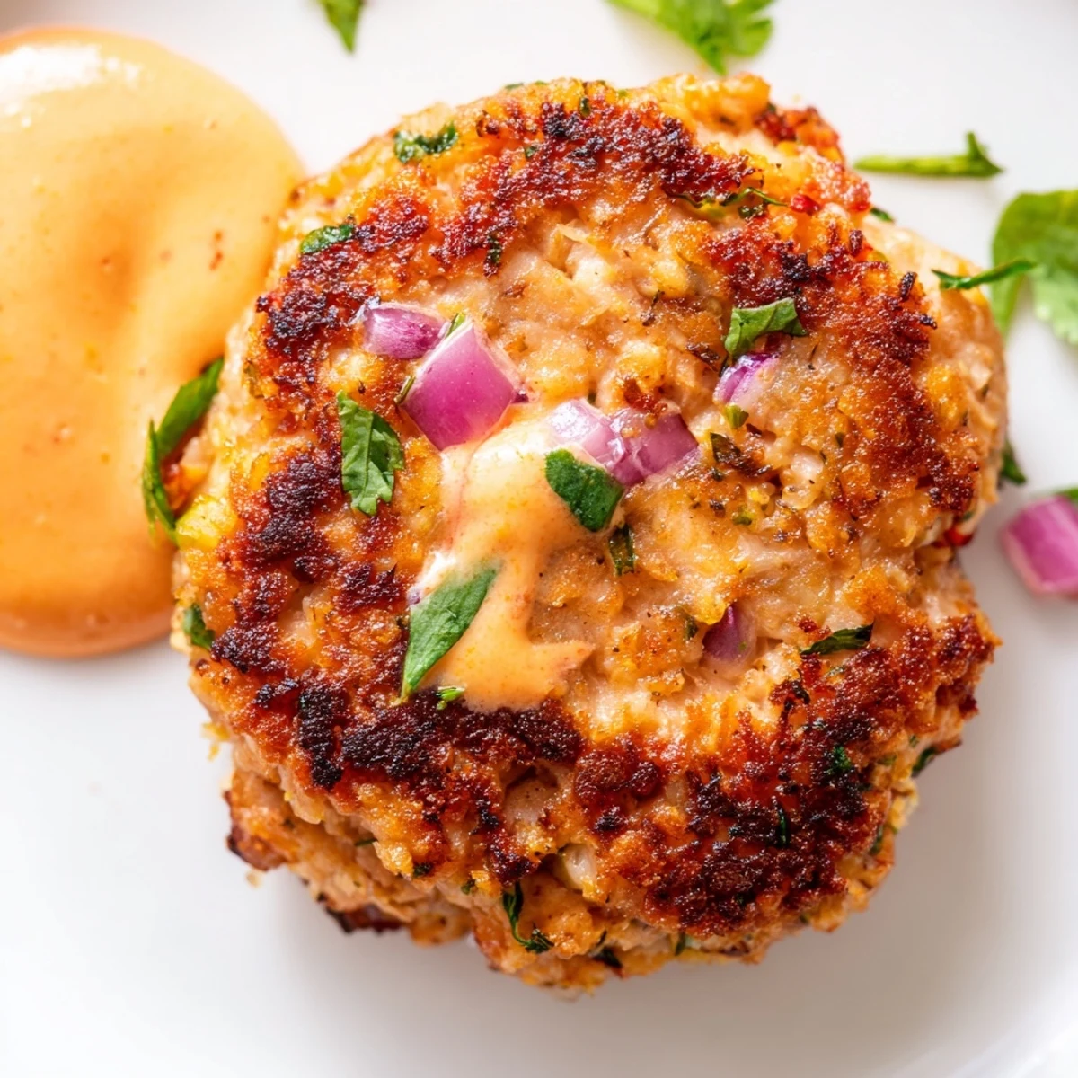 Eight crispy Spicy Tuna Cakes arranged in a circle, featuring visible chunks of tuna and green herbs, topped with a lime wedge. 