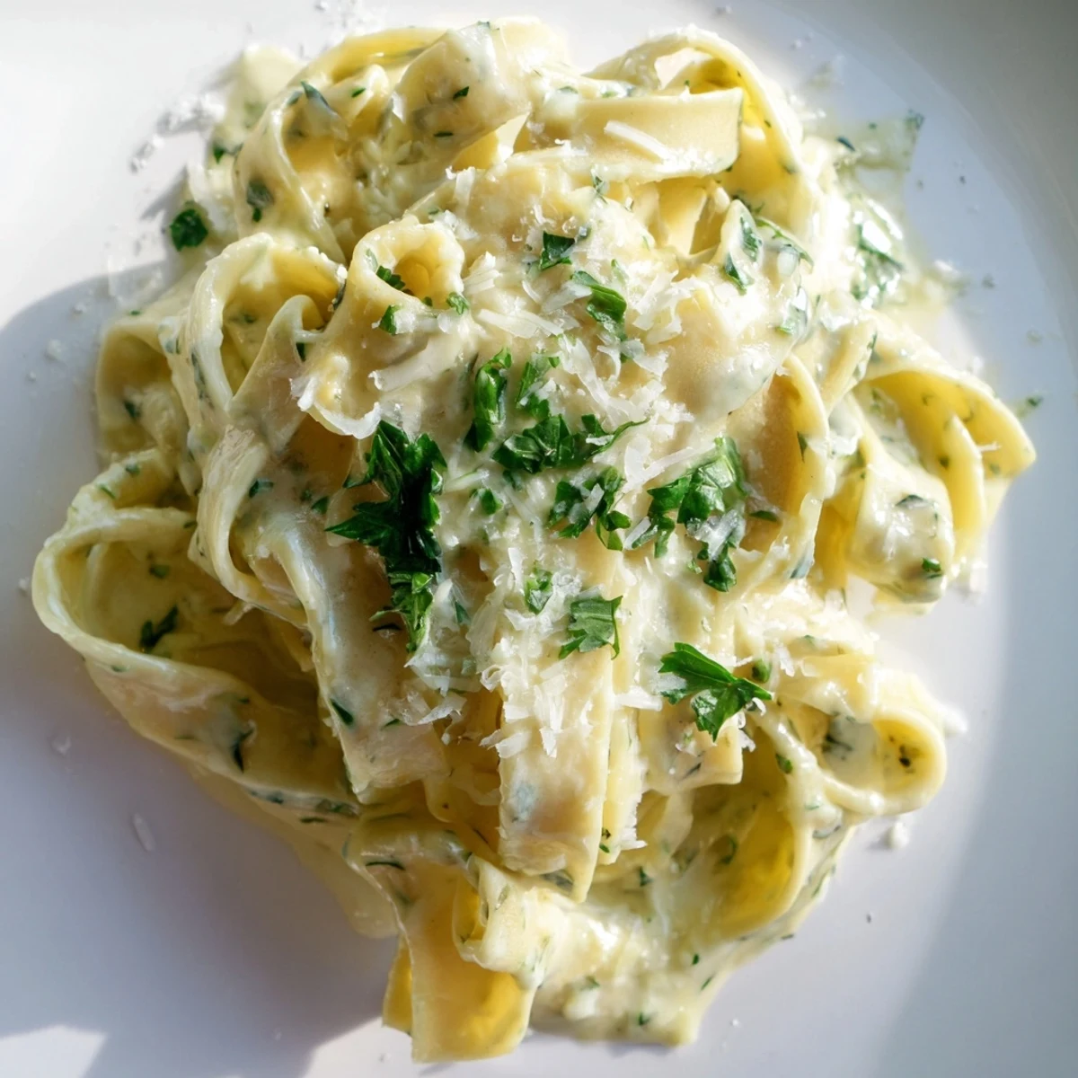 Creamy Garlic Pasta with Fresh Parsley is plated in a white bowl, twirled in a mound, topped with vibrant green parsley and grated Parmesan.
