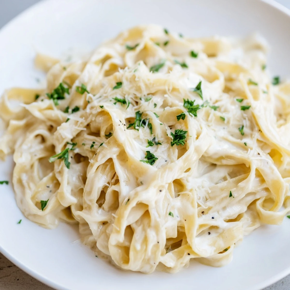 A close-up of Creamy Garlic Pasta with Fresh Parsley reveals velvety sauce clinging to fettuccine, steam rising from the skillet for a cozy weeknight dinner.