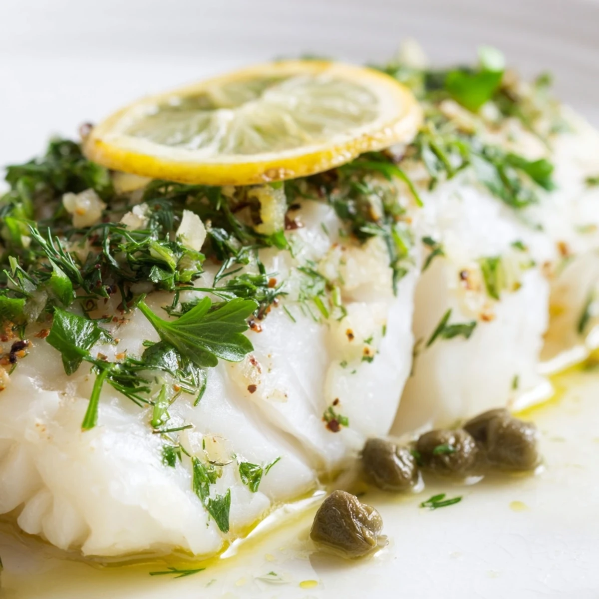 Ready-to-serve baked cod with herbs and lemon slices, garnished with fresh greens, ideal for pairing with roasted potatoes or veggies.