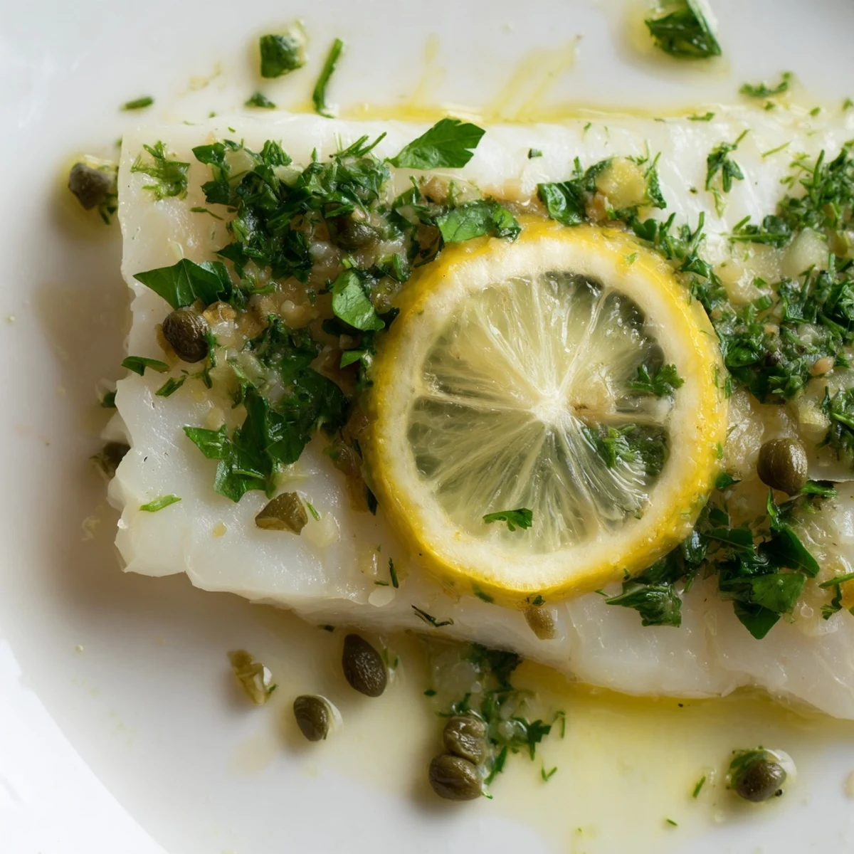 Fillet of baked cod with herbs and lemon slices, flaky and moist, resting in a white baking dish with pan juices.