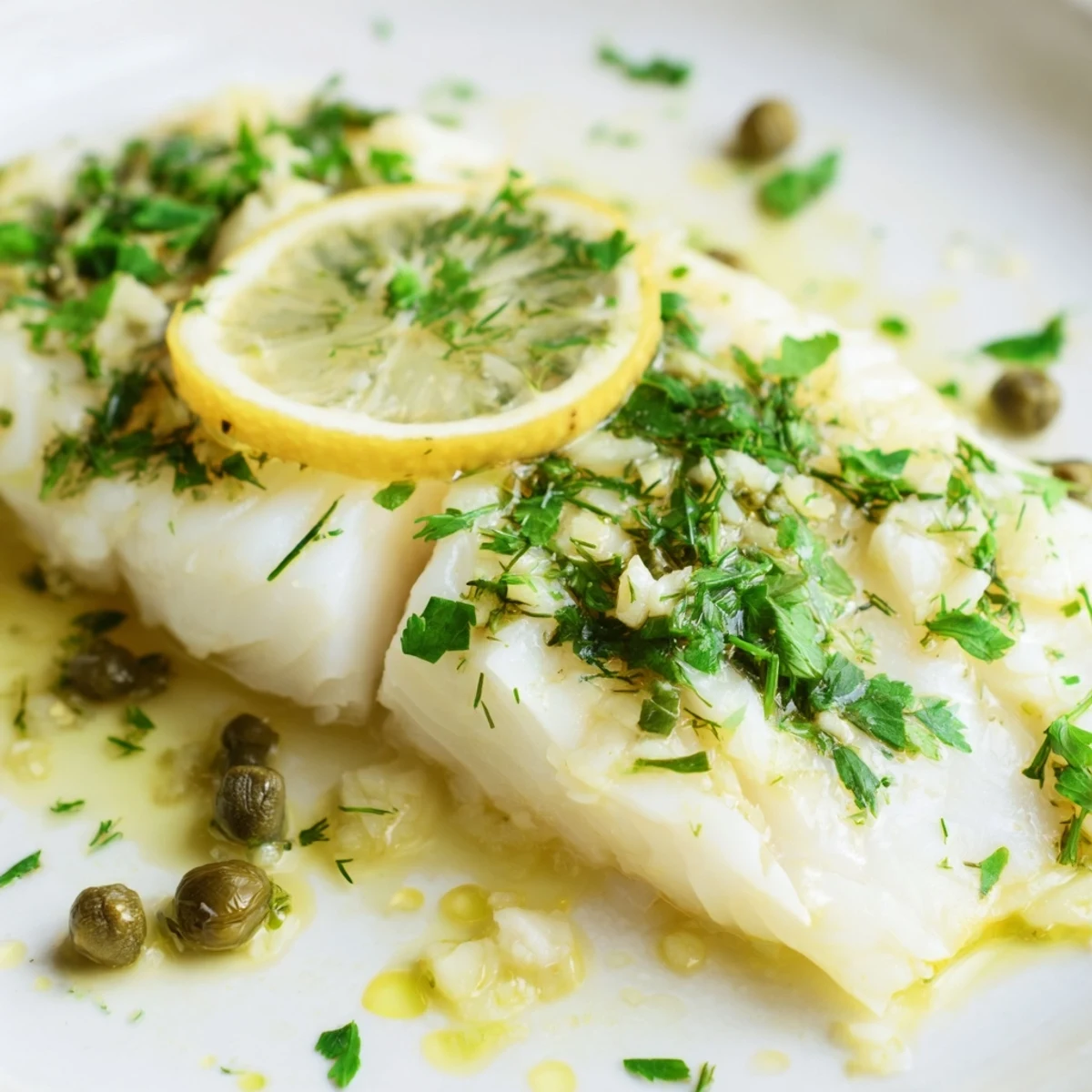 Easy weeknight baked cod with herbs and lemon slices, featuring golden edges and vibrant citrus, presented on a rustic platter.