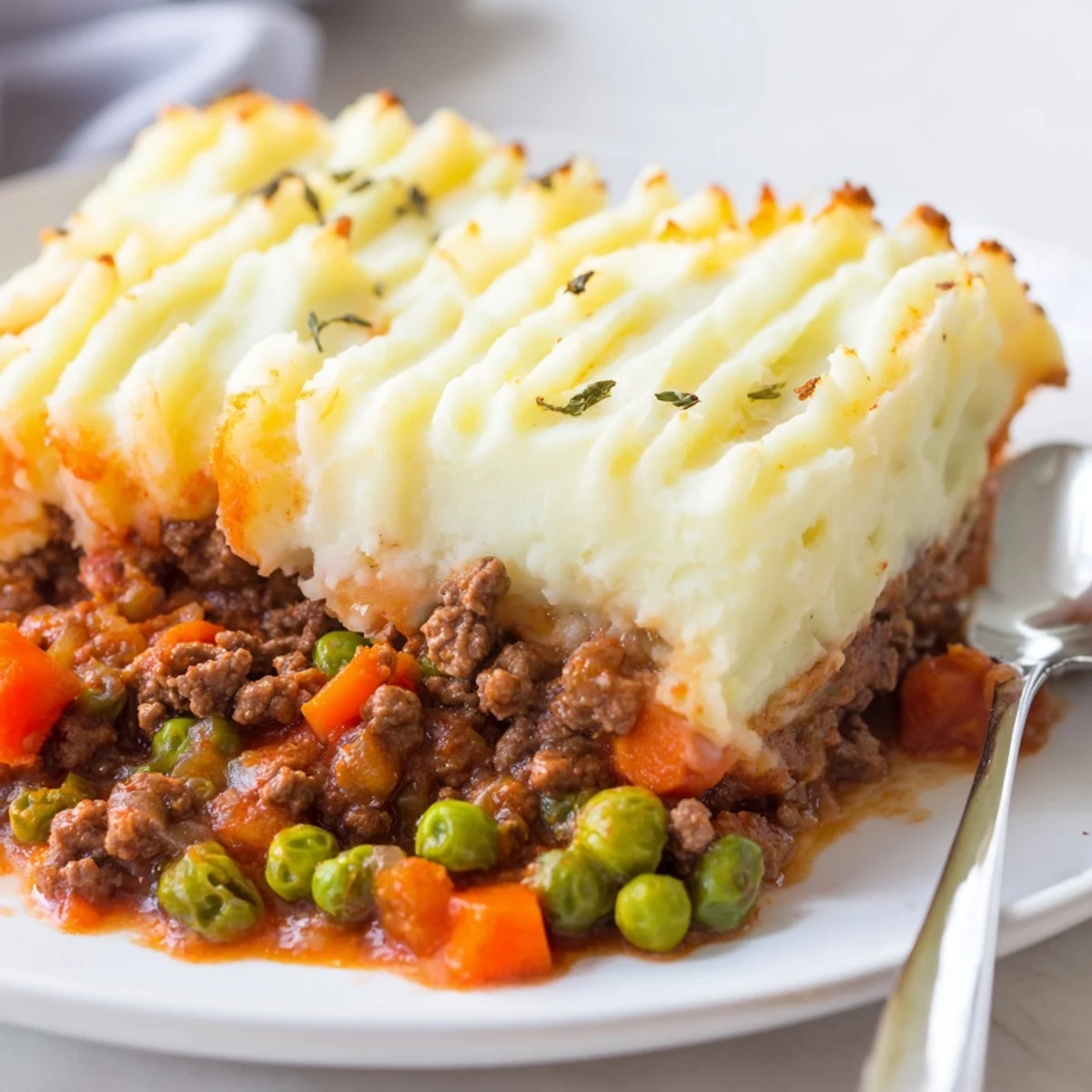 A rustic baking dish holds savory ground beef filling and fluffy ridged potato topping.