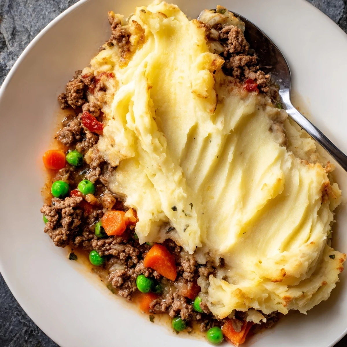 Golden-brown Beef Shepherds Pie with Peas and Carrots bubbling from the oven.