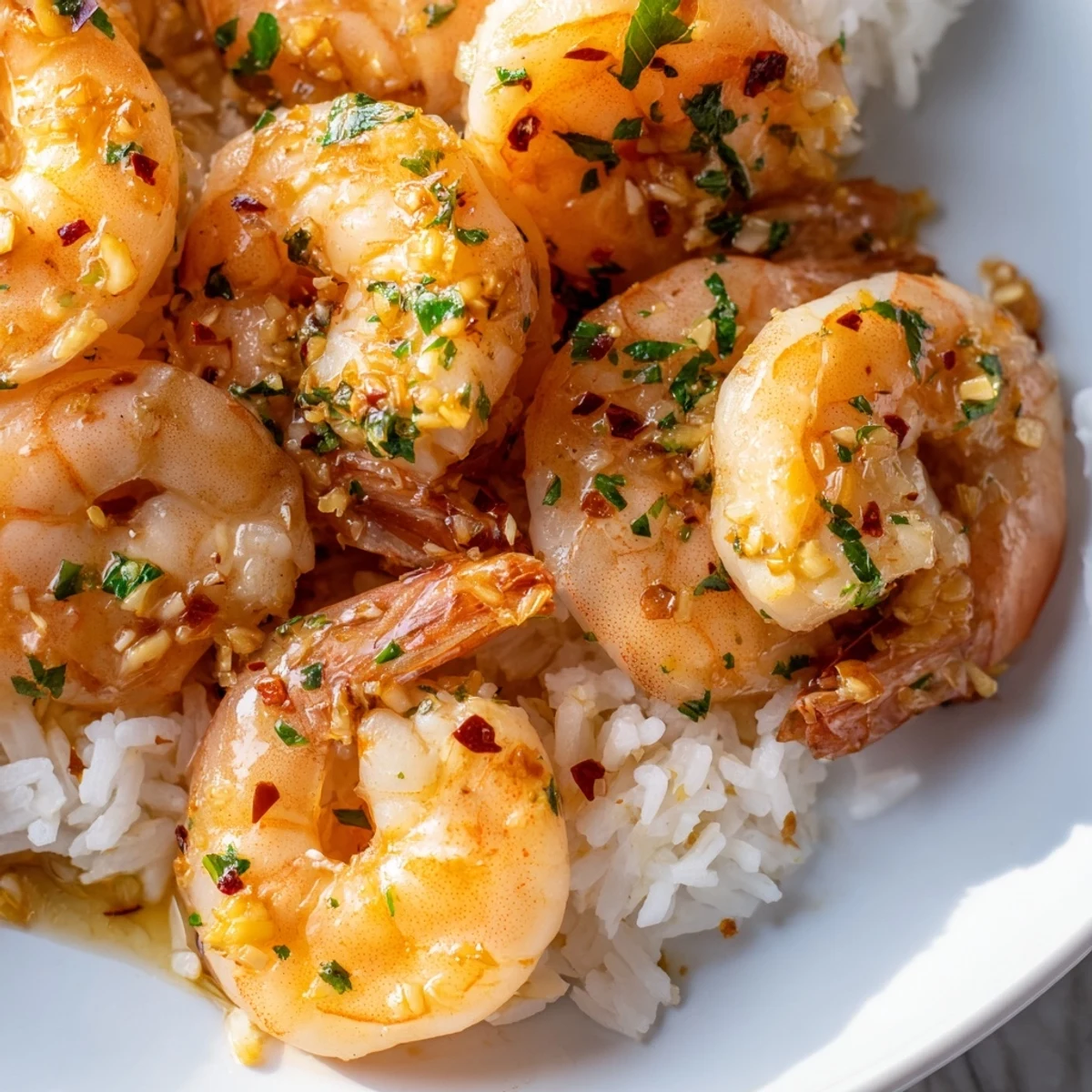 Fluffy steamed rice topped with juicy lemon garlic shrimp garnished with fresh parsley and a lemon wedge.