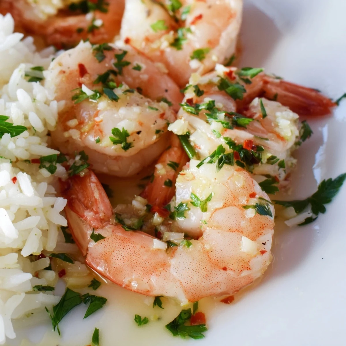 Sizzling shrimp in a garlic lemon sauce drizzled over a mound of fluffy white rice.