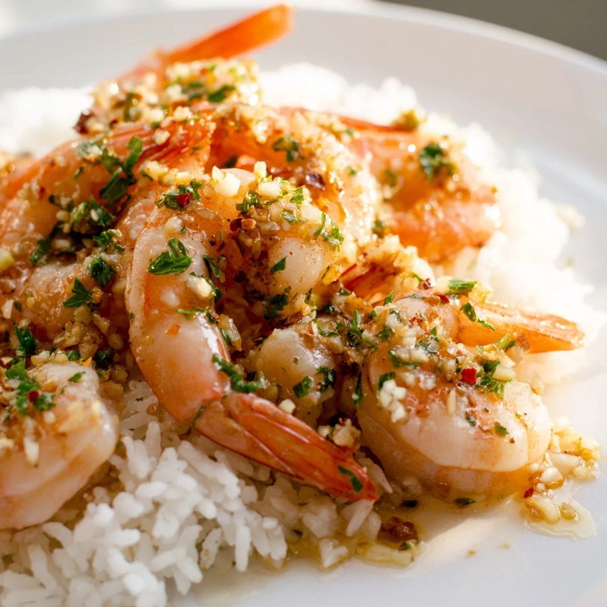 Close-up of tender lemon garlic shrimp served over steamed rice with a side of lemon wedges.